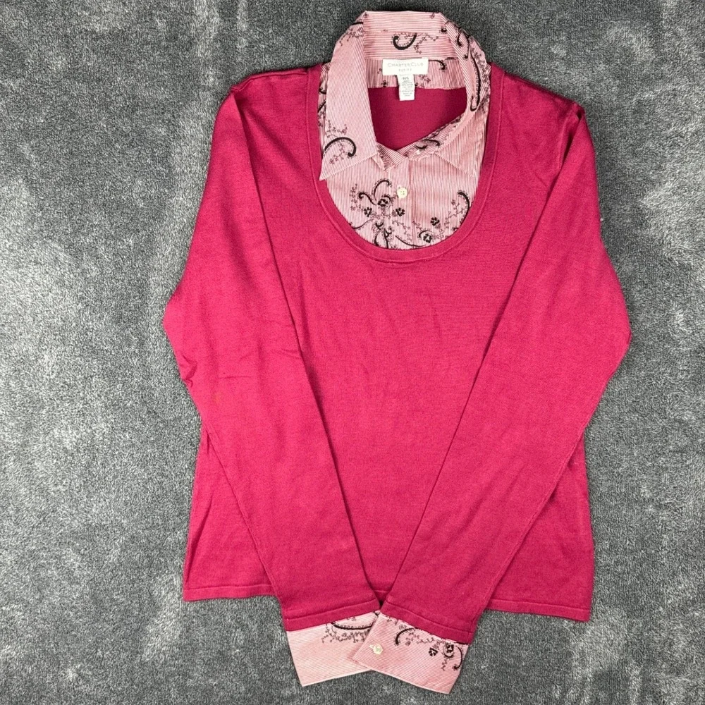 Charter‎ Club Petite Pink Silk Blend Layered Look Sweater Floral Trim P/S